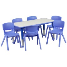 Flash Furniture YU-YCY-060-0036-RECT-TBL-BLUE-GG 23.625''W x 47.25''L Rectangular Blue Plastic Height Adjustable Activity Table with 6 Chairs