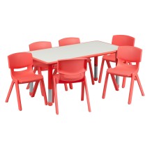 Flash Furniture YU-YCY-060-0036-RECT-TBL-RED-GG 23.625''W x 47.25''L Rectangular Red Plastic Height Adjustable Activity Table with 6 Chairs