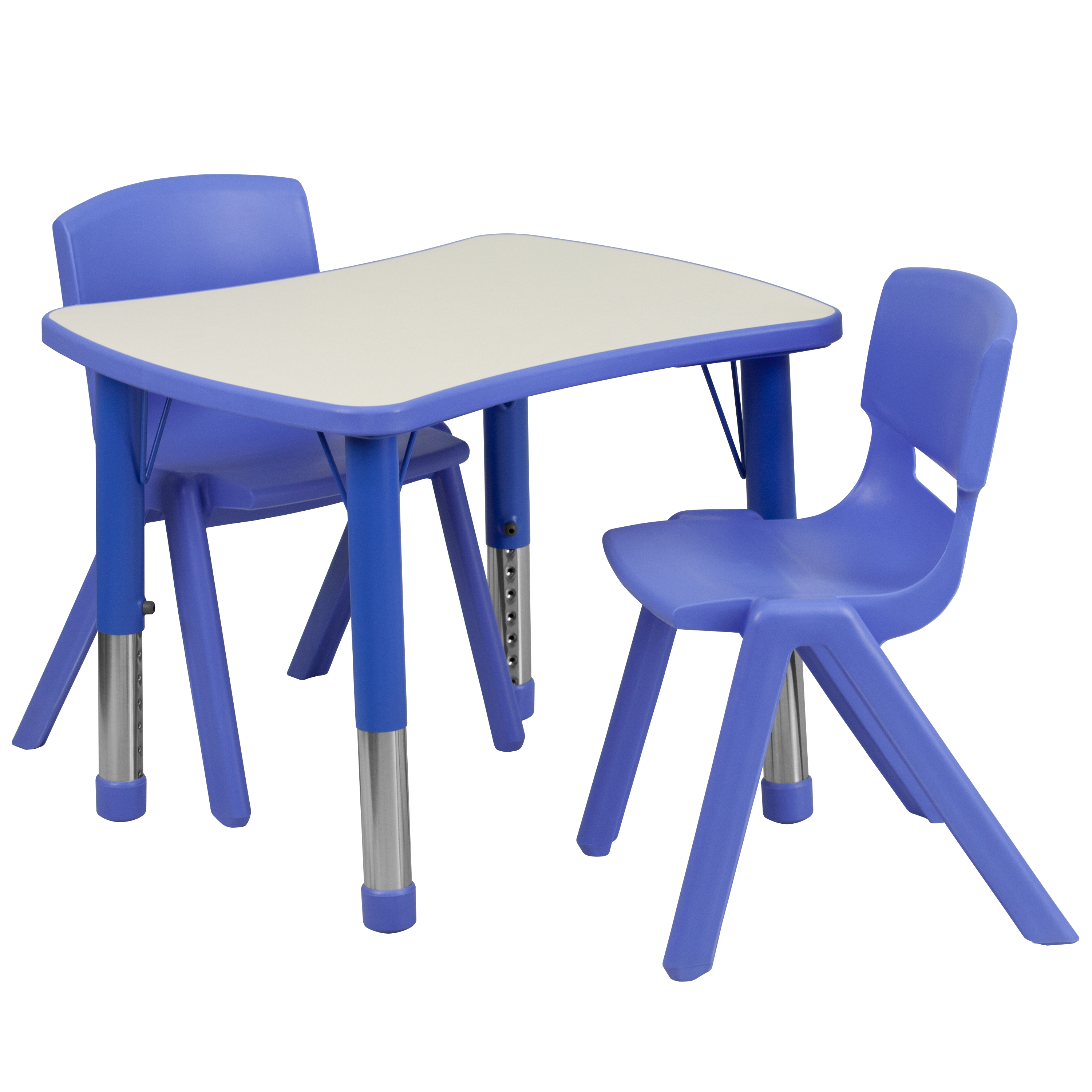 Flash Furniture YU-YCY-098-0032-RECT-TBL-BLUE-GG 21.875''W x 26.625''L Rectangular Blue Plastic Height Adjustable Activity Table with 2 Chairs