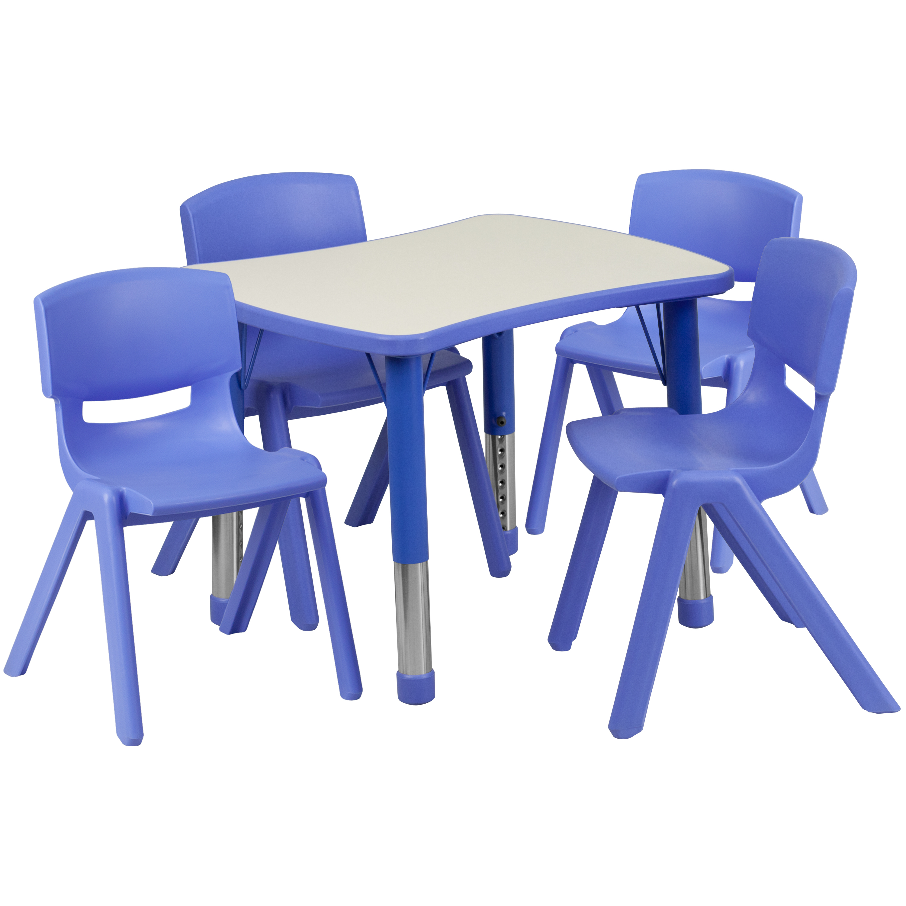 Flash Furniture YU-YCY-098-0034-RECT-TBL-BLUE-GG 21.875''W x 26.625''L Rectangular Blue Plastic Height Adjustable Activity Table with 4 Chairs