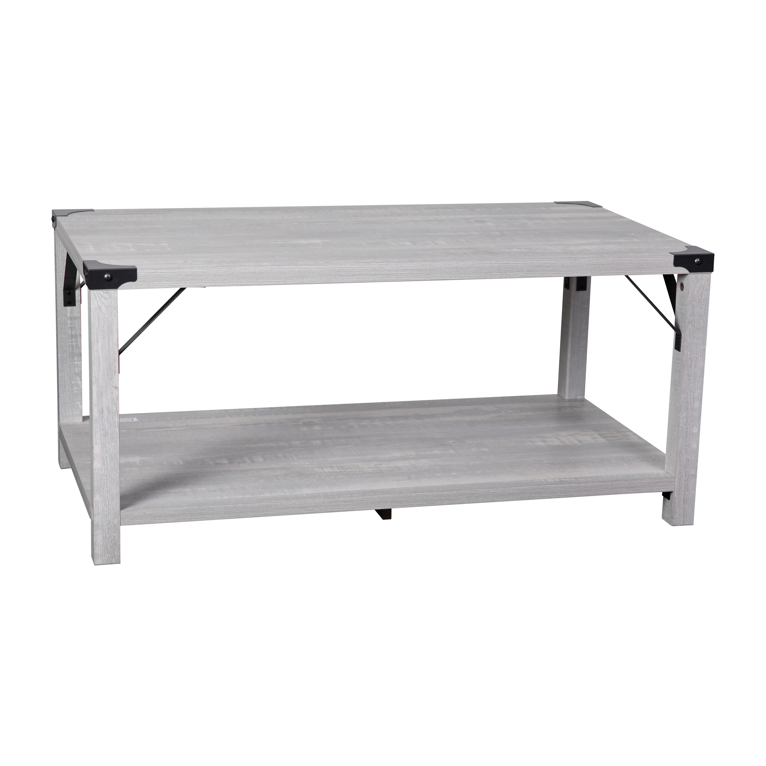 Flash Furniture ZG-037-LTGY-GG Farmhouse Wooden 2 Tier Aspen Gray Coffee Table with Black Accents and Cross Bracing