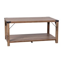 Flash Furniture ZG-037-OAK-GG Farmhouse Wooden 2 Tier Rustic Oak Coffee Table with Black Accents and Cross Bracing