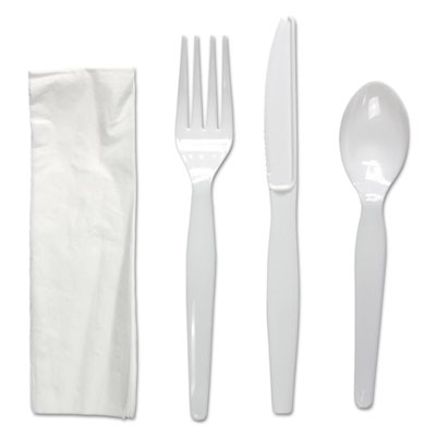 Four-Piece Cutlery Kit, Fork/Knife/Napkin/Teaspoon, Heavyweight, White, 250/Carton