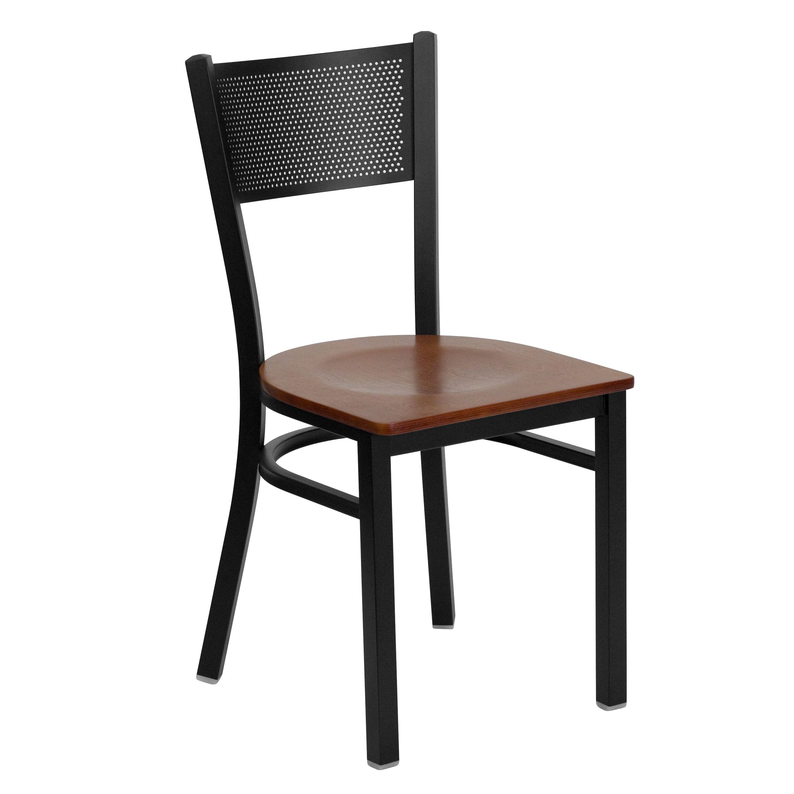 Flash Furniture XU-DG-60115-GRD-CHYW-GG Grid Back Black Metal Restaurant Chair with Cherry Wood Seat