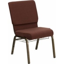 Flash Furniture FD-CH02185-GV-10355-BAS-GG HERCULES Series 18.5&quot; Brown Fabric Church Chair with Book Basket, Gold Vein Frame