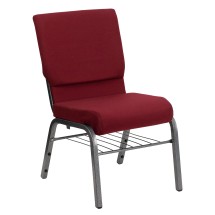Flash Furniture XU-CH-60096-BY-SILV-BAS-GG Hercules Series 18.5&quot; Burgundy Fabric Church Chair with Book Basket and Silver Vein Frame