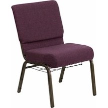 Flash Furniture FD-CH02185-GV-005-BAS-GG HERCULES Series 18.5&quot; Plum Fabric Church Chair with Book Basket, Gold Vein Frame