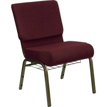 Flash Furniture FD-CH0221-4-GV-3169-BAS-GG HERCULES Series 21&quot; Extra Wide Burgundy Fabric Church Chair with Book Basket, Gold Vein Finish