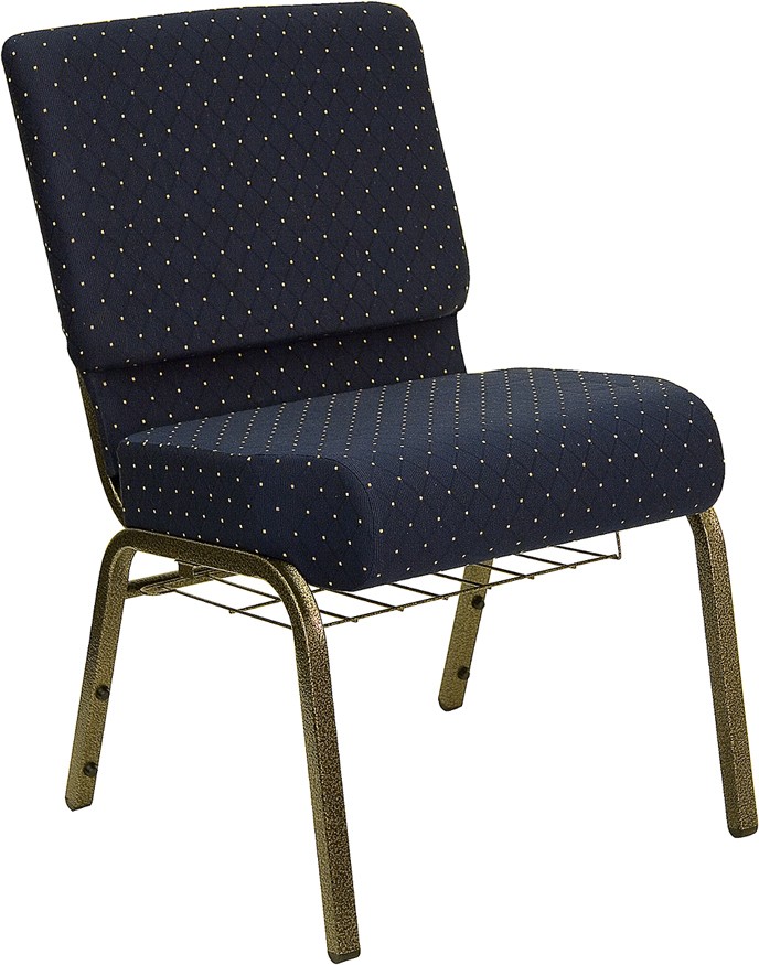Flash Furniture FD-CH0221-4-GV-S0810-BAS-GG HERCULES Series 21" Extra Wide Navy Blue Dot Fabric Church Chair with Book Basket, Gold Vein Frame