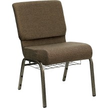 Flash Furniture FD-CH0221-4-GV-S0819-BAS-GG HERCULES Series 21" Extra Wide Brown Fabric Church Chair with Book Basket, Gold Vein Frame