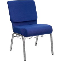 Flash Furniture FD-CH0221-4-SV-NB24-BAS-GG HERCULES Series 21" Extra Wide Navy Blue Fabric Church Chair with Book Basket, Silver Vein Frame