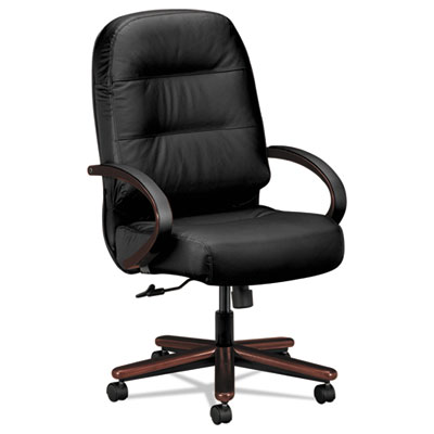HON Pillow-Soft 2190 High Back Black Leather Executive Chair with Mahogany Swivel Base