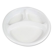 Hi-Impact Plastic Dinnerware, Plate, 10" Dia., 3 Compartments, White, 500/Carton