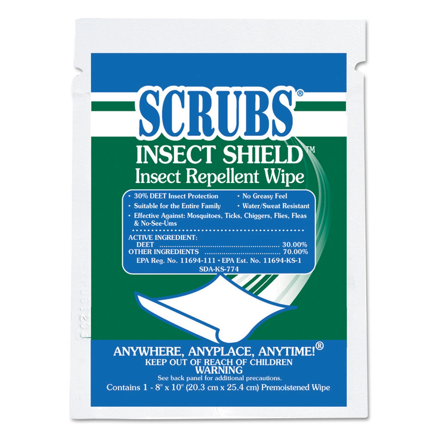 Scrubs Insect Shield Insect Repellent Wipes, 8 x 10, White, 100/Carton