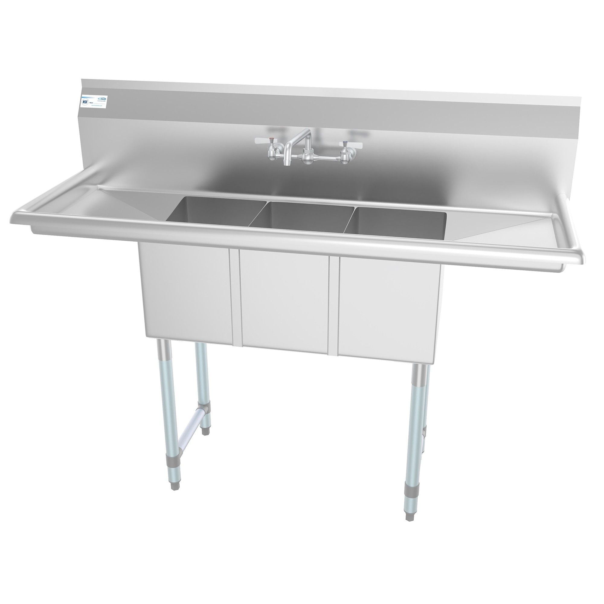 Koolmore SC101410-12B3FA 54" Three Compartment Stainless Steel Sink with Drainboards and Faucet