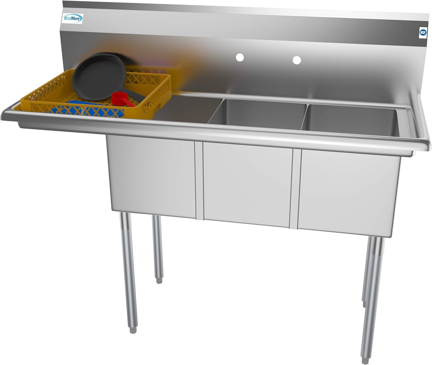Koolmore SC121610-12L3 51" Three Compartment Stainless Steel Sink with Left Drainboard