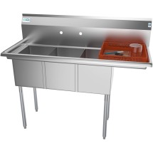 Koolmore SC121610-12R3 51&quot; Three Compartment Stainless Steel Sink with Right Drainboard