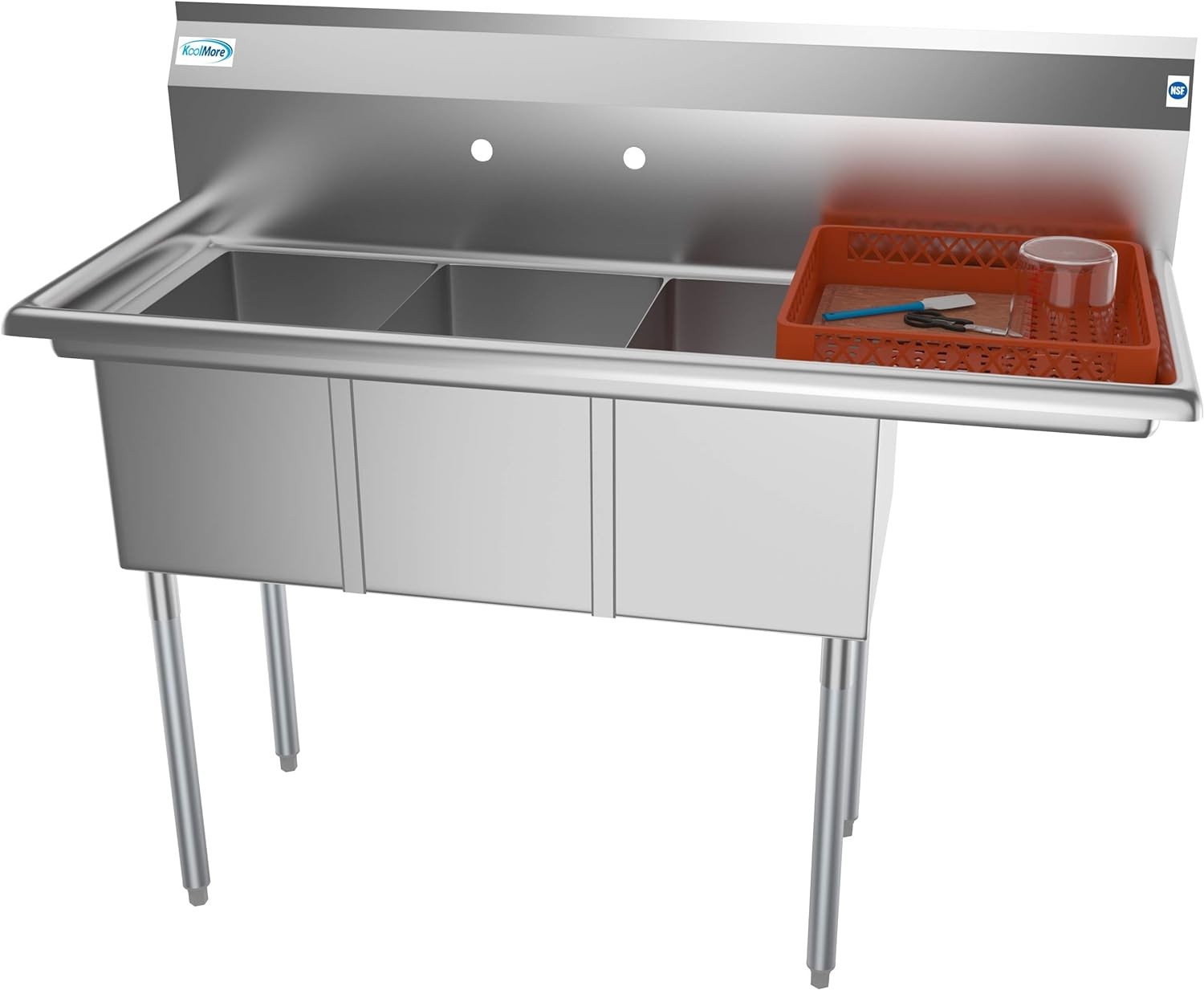 Koolmore SC121610-12R3 51" Three Compartment Stainless Steel Sink with Right Drainboard