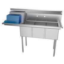 Koolmore SC121610-16L3 55&quot; Three Compartment Stainless Steel Sink with Left Drainboard