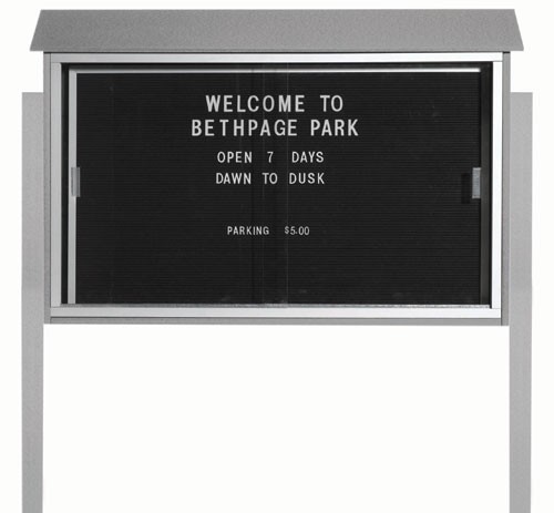 Aarco Products PLDS3045LDPP-2 Light Gray Sliding Door Plastic Lumber Message Center with Letter Board with Posts, 45"W x 30"H