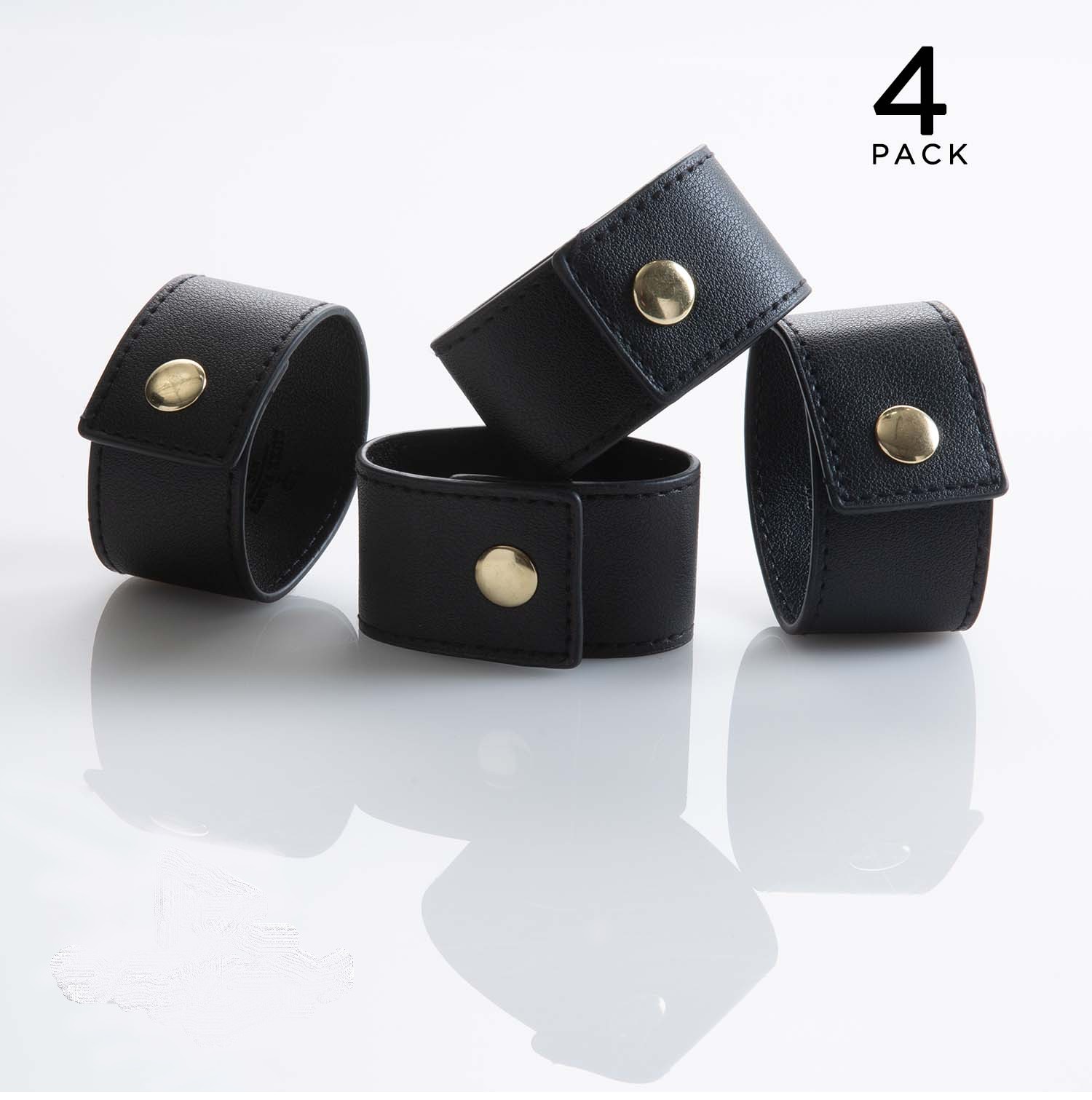 Luxe Party Black Band Gold Snap Faux Leather Napkin Rings 7.5" 4 pcs