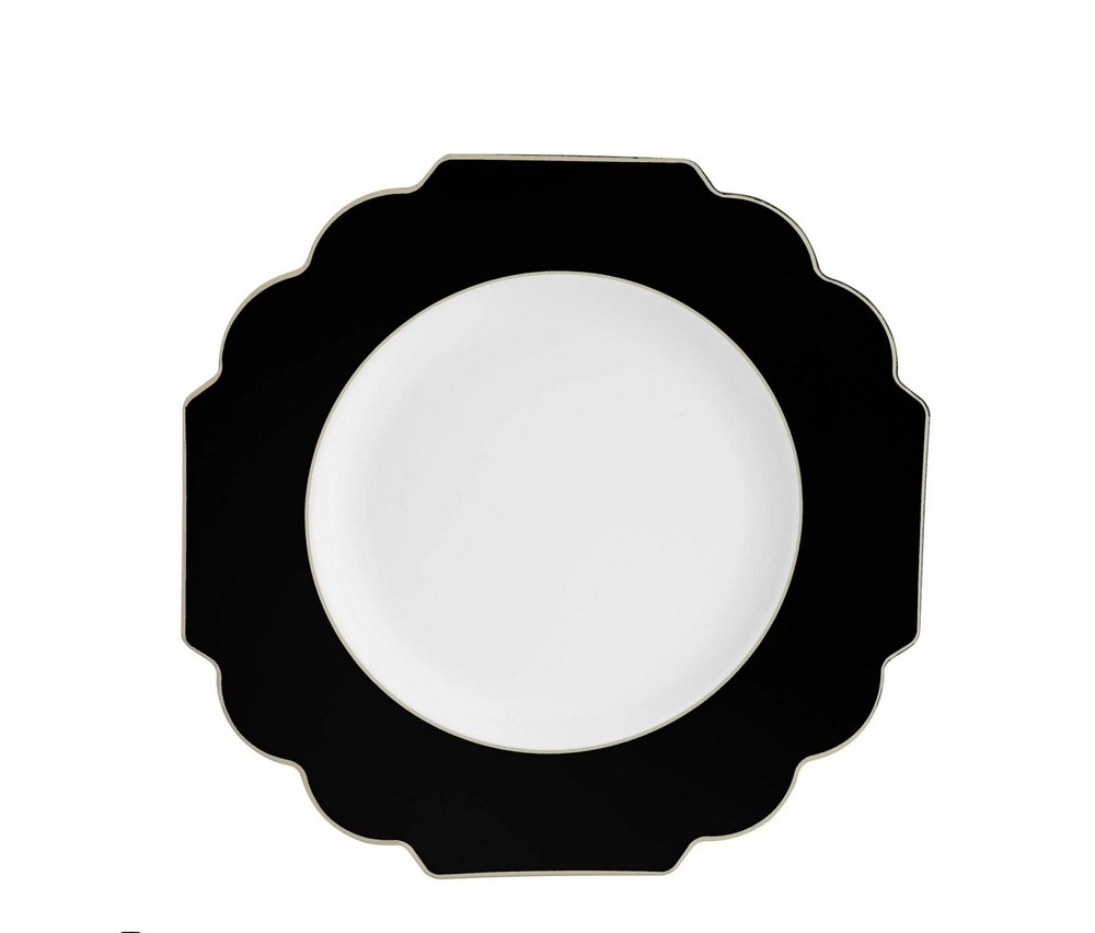 Luxe Party Black Gold Scalloped Rim White Plastic Appertizer Plate 8"- 10 pcs