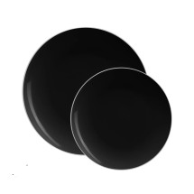 Luxe Party Black Silver Rim Round Plastic Appetizer Plate 7.25" - 10 pcs