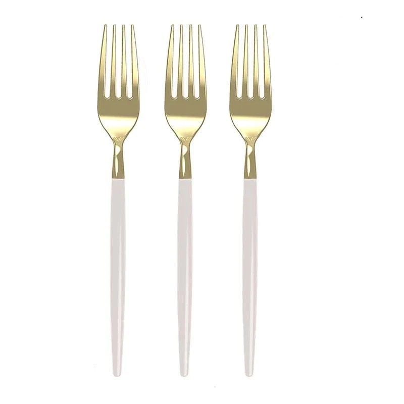 Luxe Party Chic Linen and Gold Two Tone Plastic Forks - 32 pcs