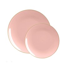 Luxe Party Coral Gold Rim Round Plastic Appetizer Plate 7.25"- 10 pcs