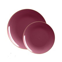 Luxe Party Cranberry Gold Rim Round Plastic Appetizer Plate 7.25"- 10 pcs