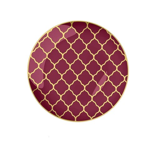 Luxe Party Cranberry with Gold Lattice Pattern Plastic Dinner Plate 10.25