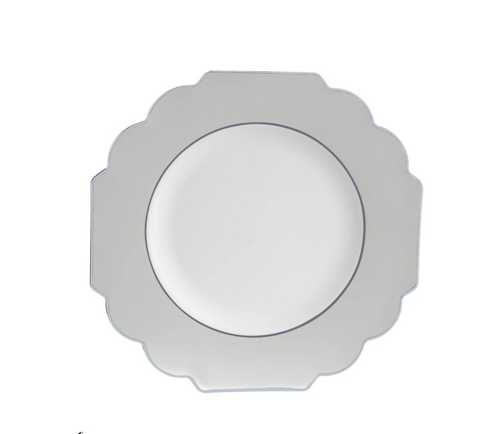 Luxe Party Gray  Silver Scalloped Rim White Plastic Appetizer Plate 8"-  10 pcs