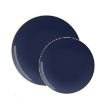 Luxe Party Navy Gold Rim Round Plastic Appetizer Plate 7.25" - 10 pcs