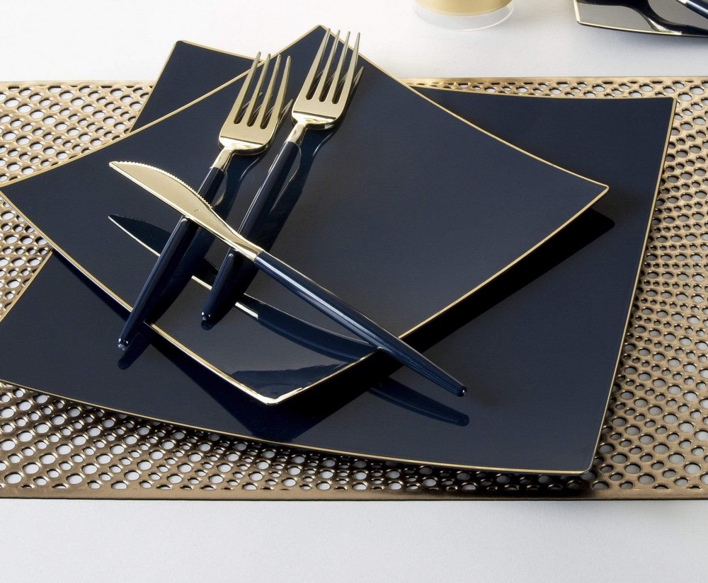 Luxe Party Navy Gold Rim Square Plastic Dinner Plate 10.5" - 10 pcs