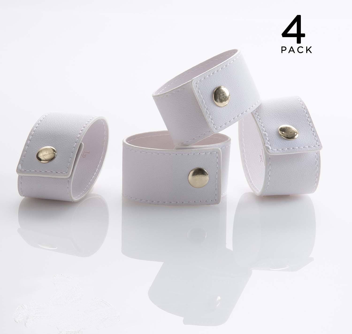Luxe Party White Band Gold Snap Faux Leather Napkin Rings 7.5" 4 pcs
