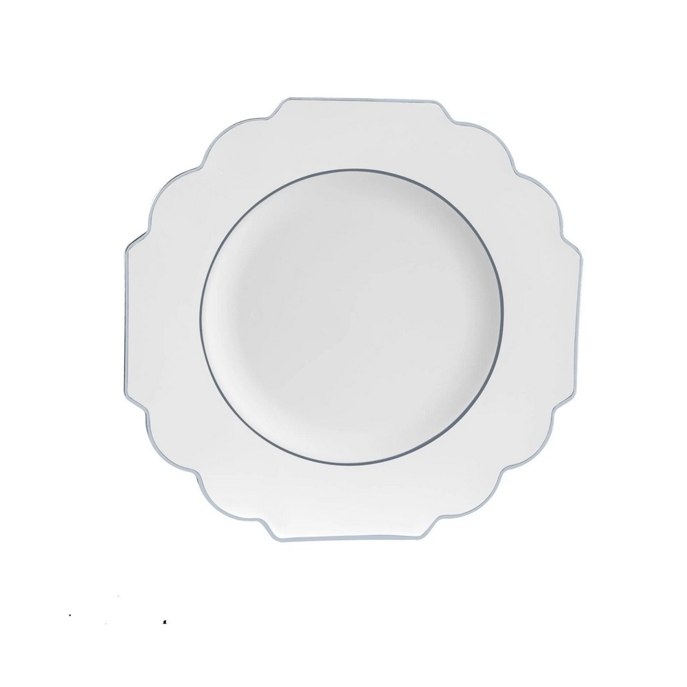 Luxe Party White Silver Scalloped Rim Plastic Dinner Plate 10.7"- 10 pcs