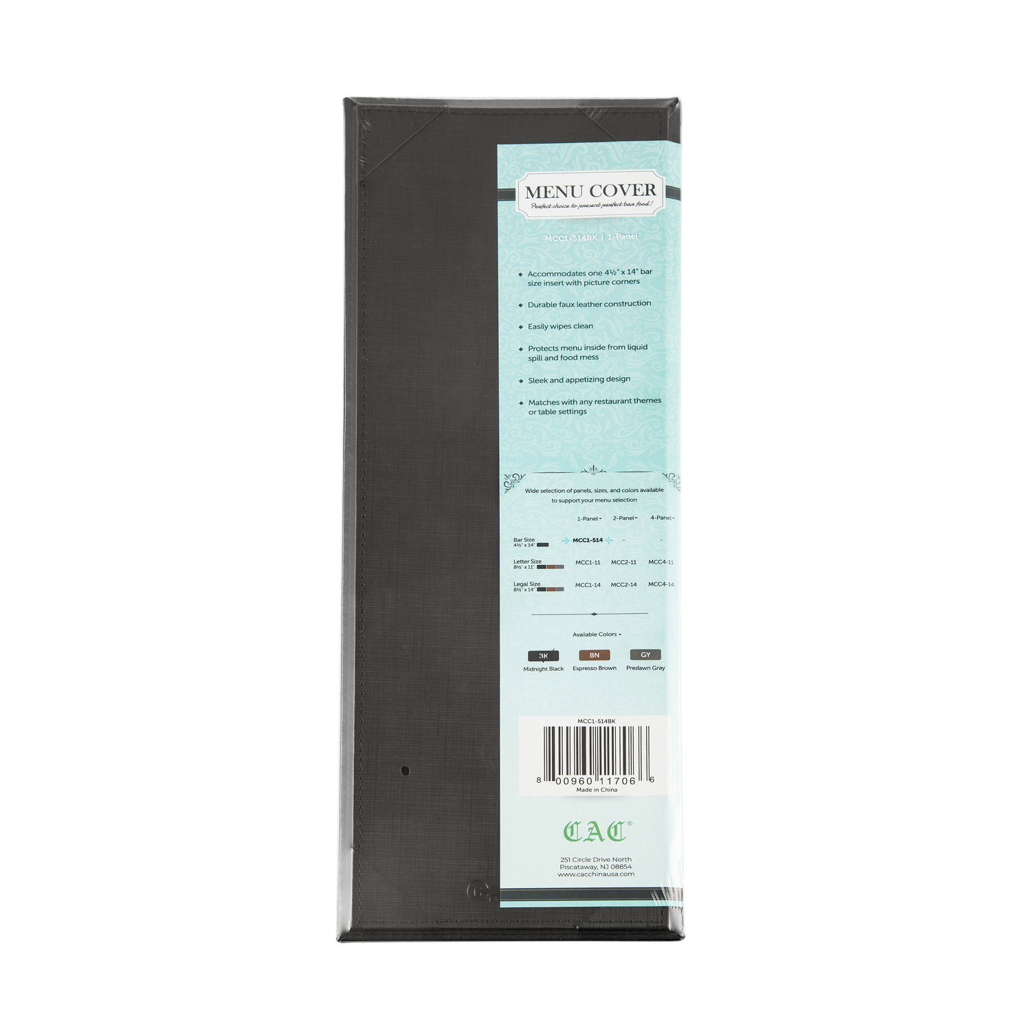 CAC China MCC1-514BK Black 1-Panel Faux Leather Menu Cover 4-1/2" x 14"
