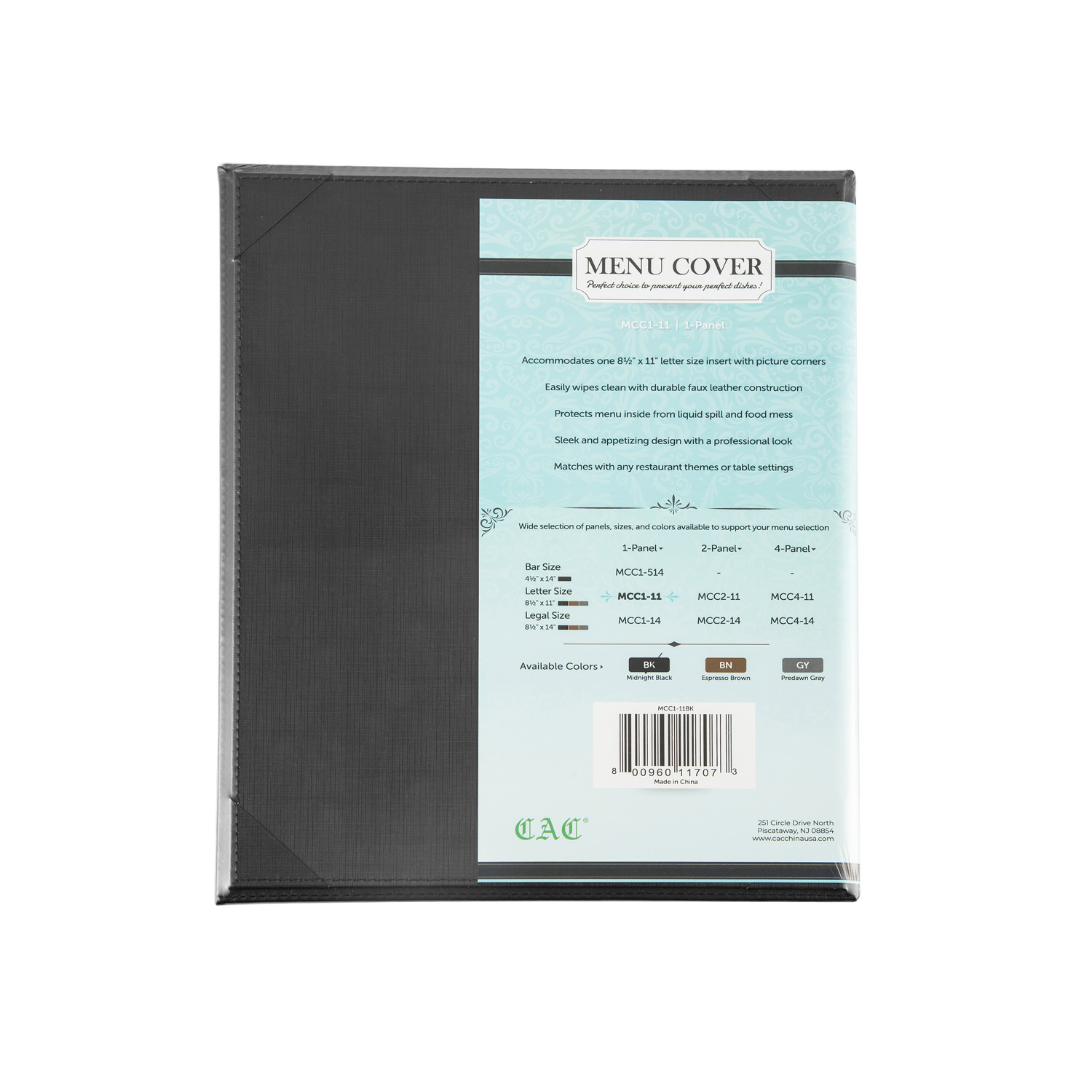 CAC China MCC1-11BK Black 1-Panel Faux Leather Menu Cover 8-1/2" x 11"