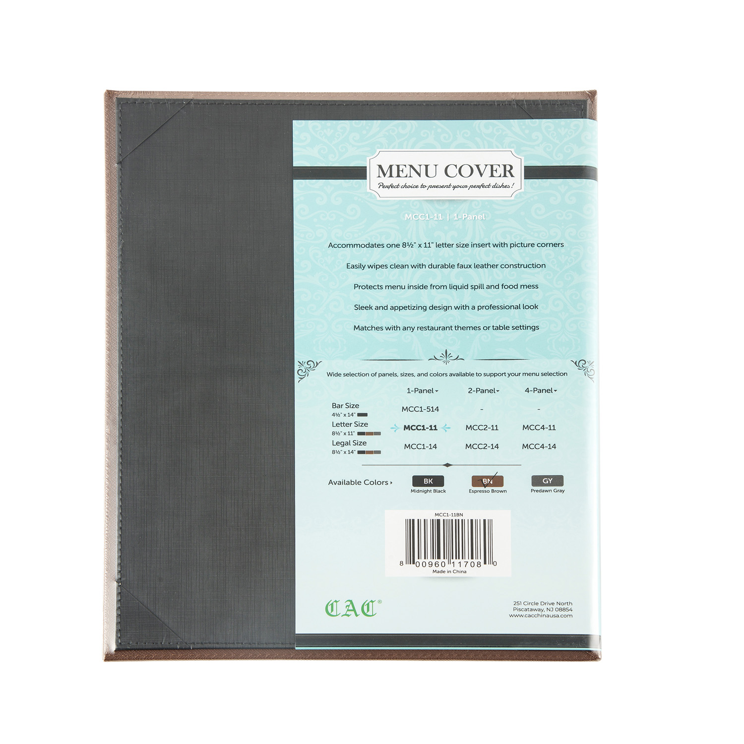 CAC China MCC1-11BN Brown 1-Panel Faux Leather Menu Cover 8-1/2" x 11"