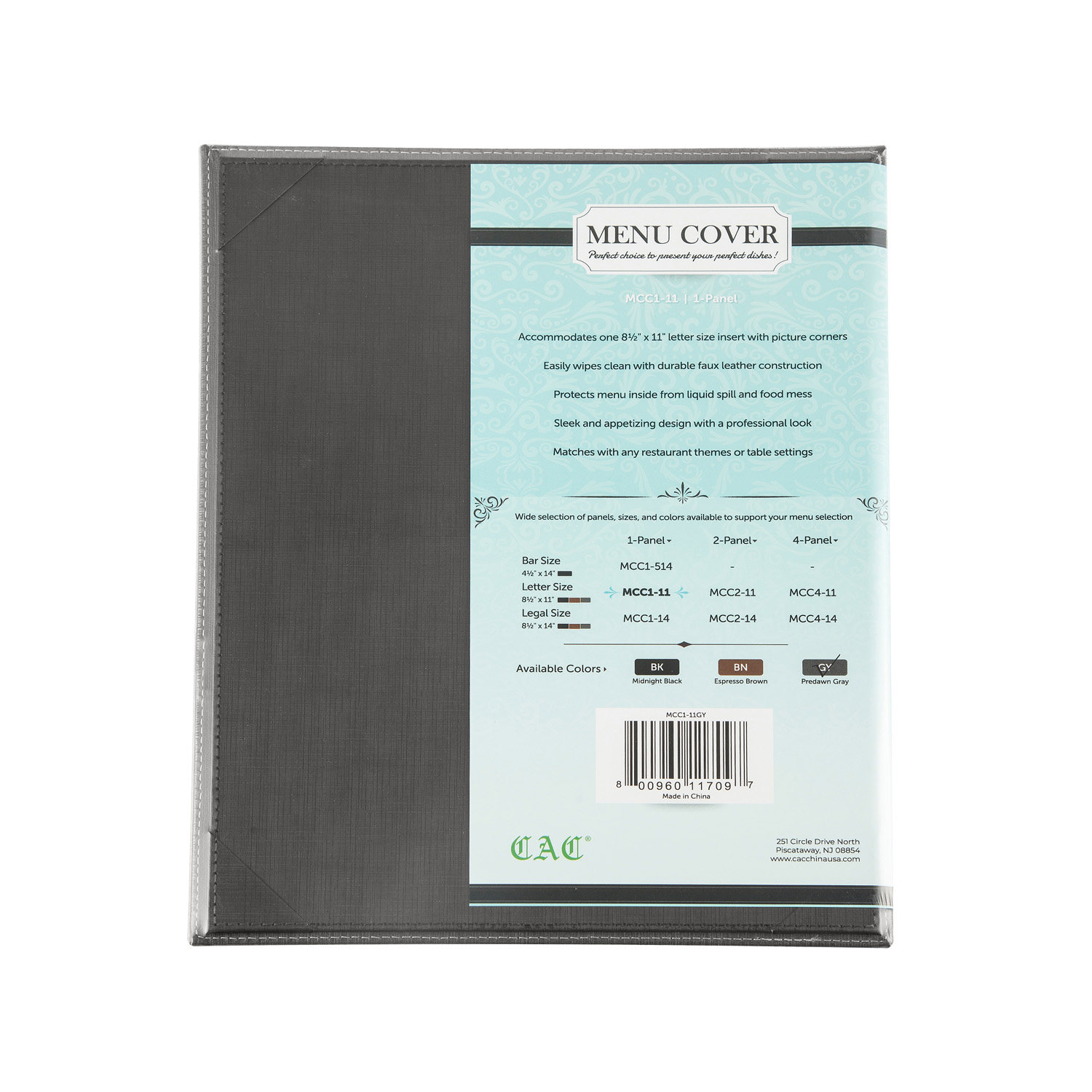 CAC China MCC1-11GY Gray 1-Panel Faux Leather Menu Cover 8-1/2" x 11"
