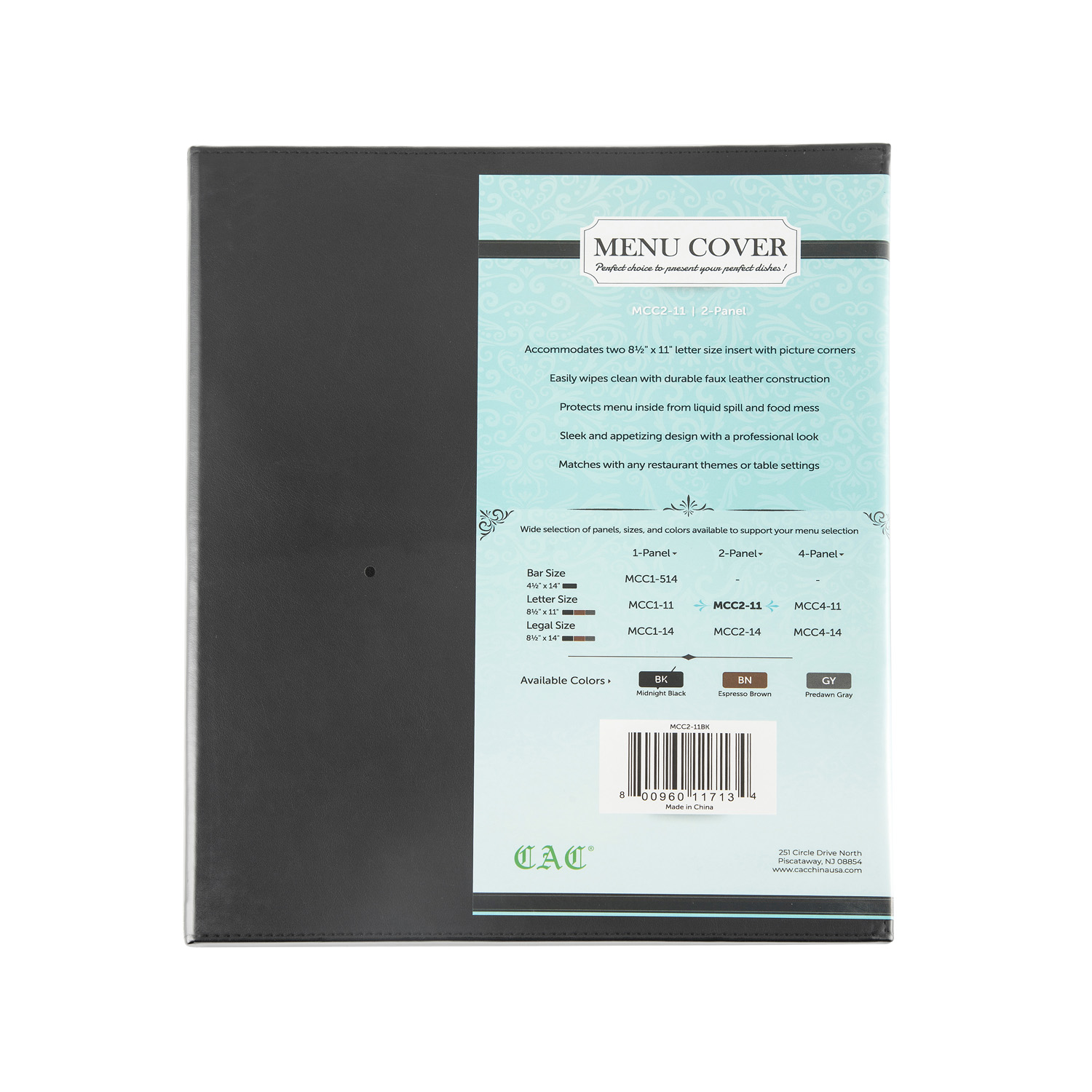 CAC China MCC2-11BK Black 2-Panel Faux Leather Menu Cover 8-1/2" x 11"