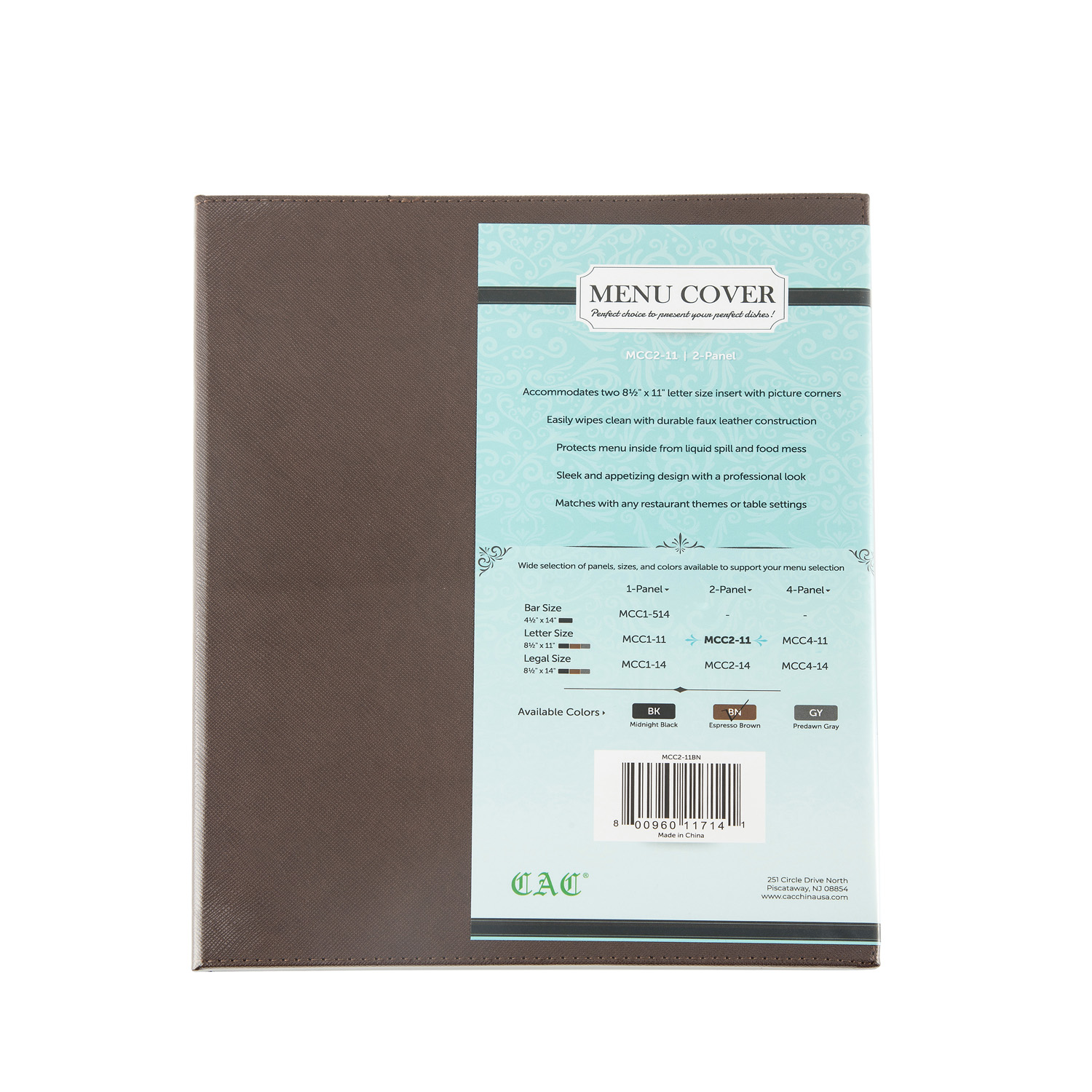 CAC China MCC2-11BN Brown 2-Panel Faux Leather Menu Cover 8-1/2" x 11"