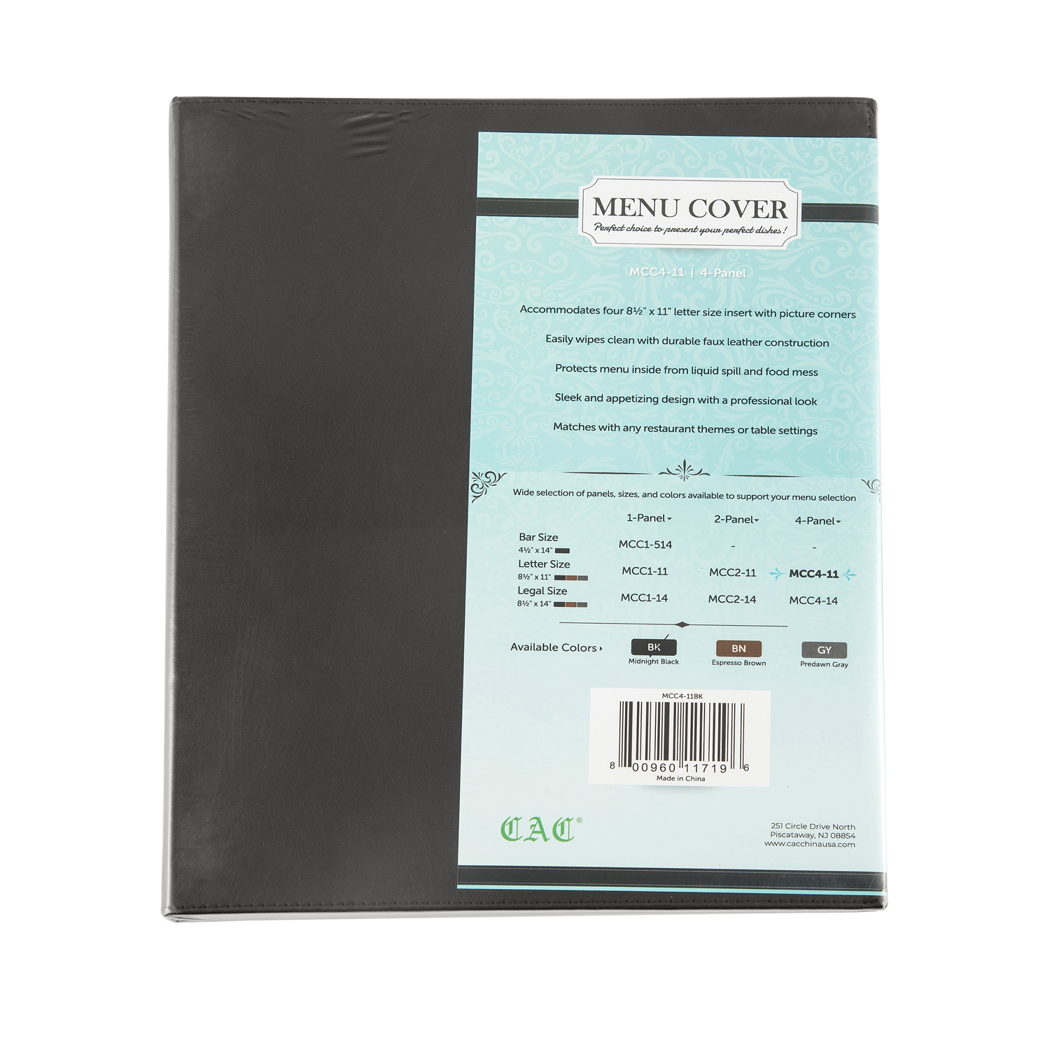 CAC China MCC4-11BK Black 4-Panel Faux Leather Menu Cover 8-1/2" x 11"
