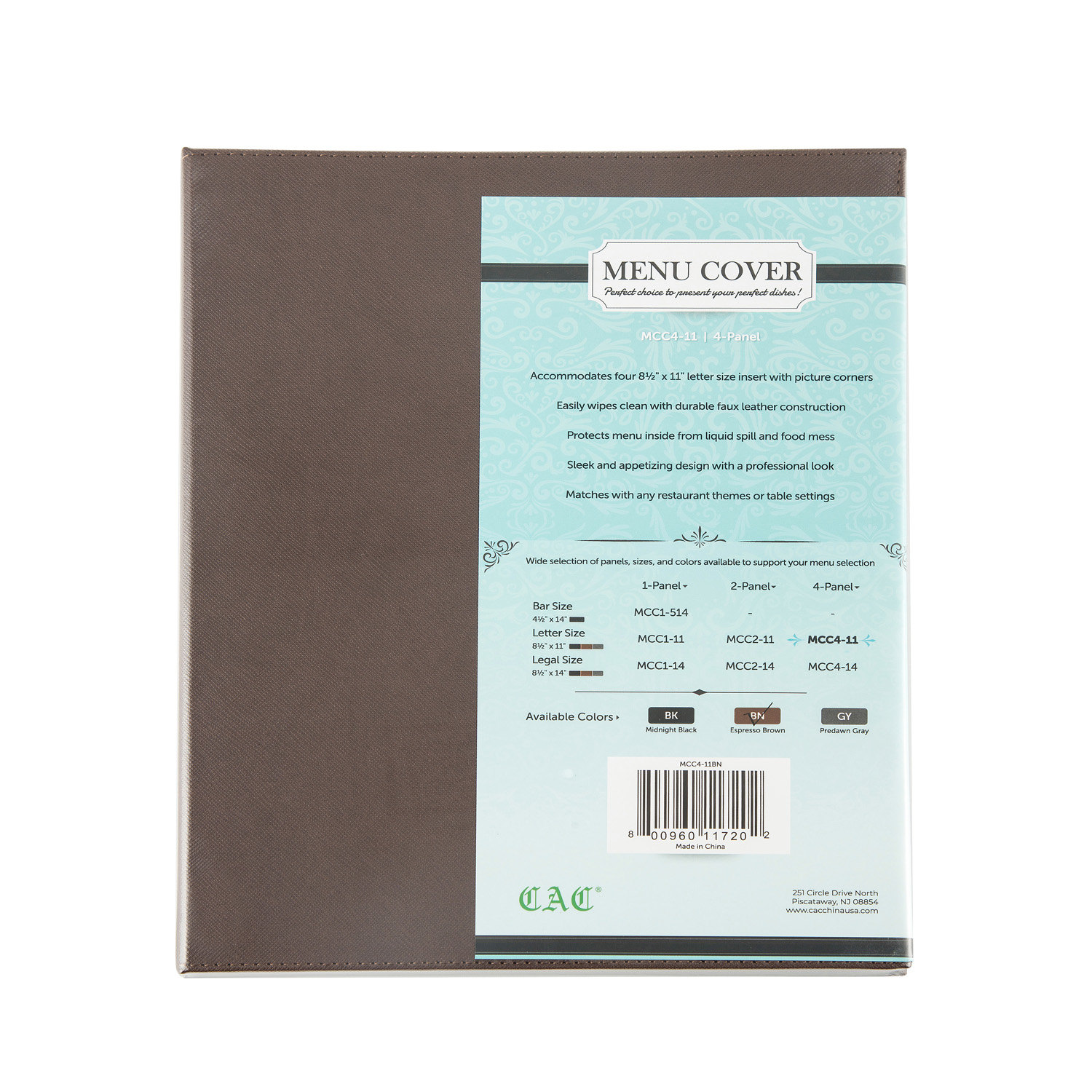 CAC China MCC4-11BN Brown 4-Panel Faux Leather Menu Cover 8-1/2" x 11"