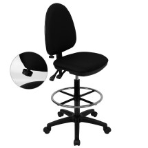 Flash Furniture WL-A654MG-BK-D-GG Mid-Back Black Fabric Drafting Stool with Adjustable Lumbar Support