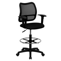 Flash Furniture WL-A277-BK-AD-GG Mid-Back Mesh Drafting Stool with Black Fabric Seat and Arms