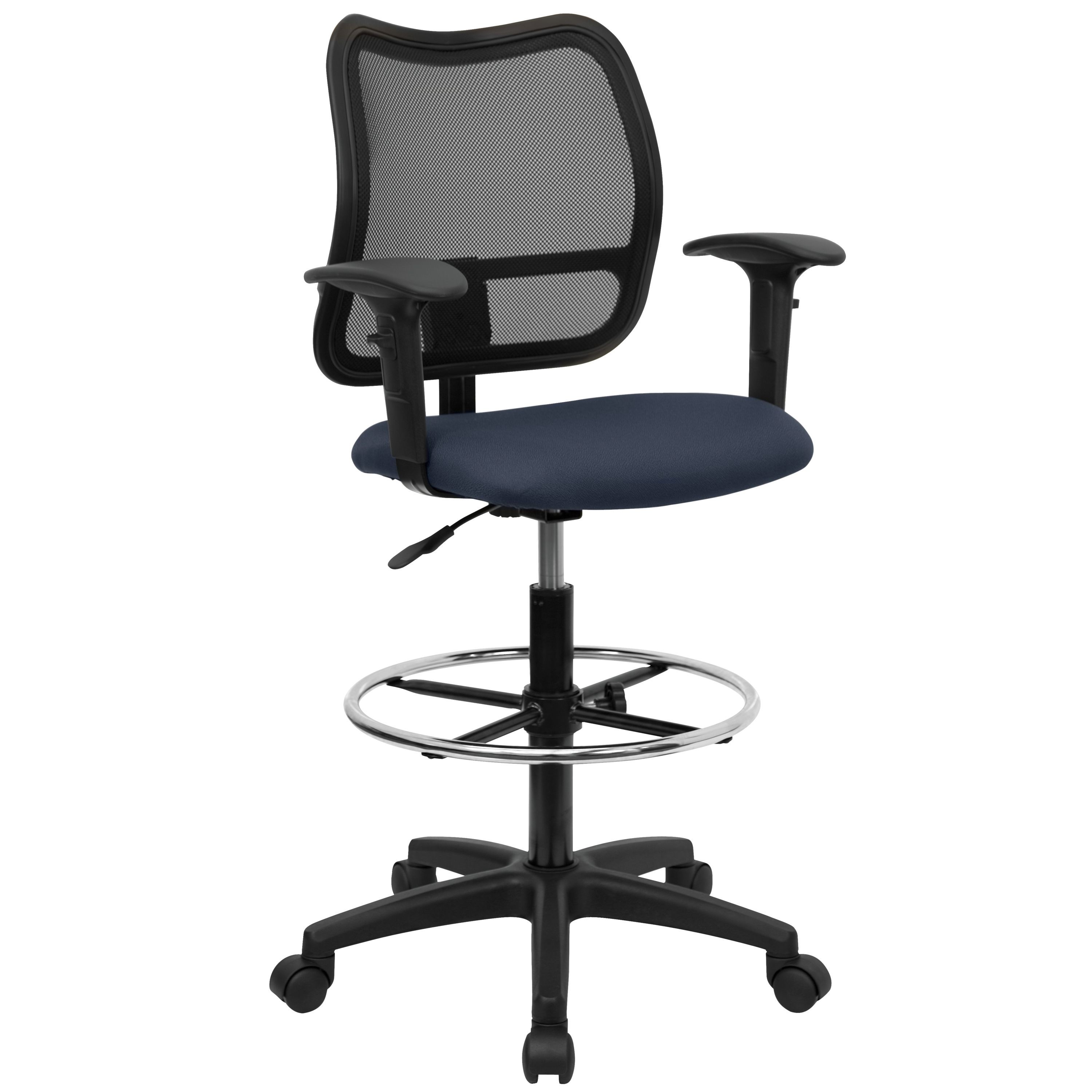 Flash Furniture WL-A277-NVY-AD-GG Mid-Back Mesh Drafting Stool with Navy Blue Fabric Seat and Arms
