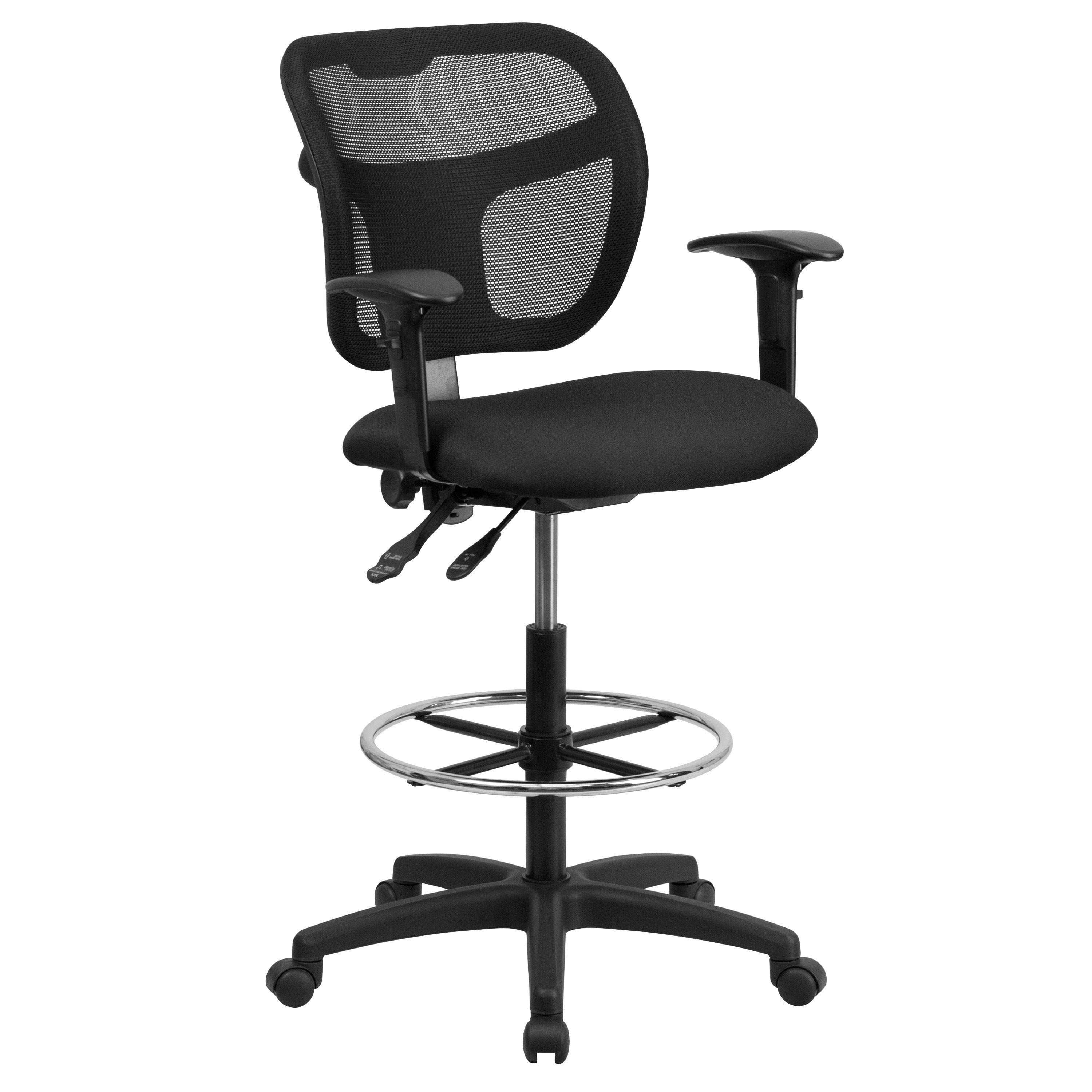 Flash Furniture WL-A7671SYG-BK-AD-GG Mid-Back Mesh Drafting Stool with Black Fabric Seat and Arms