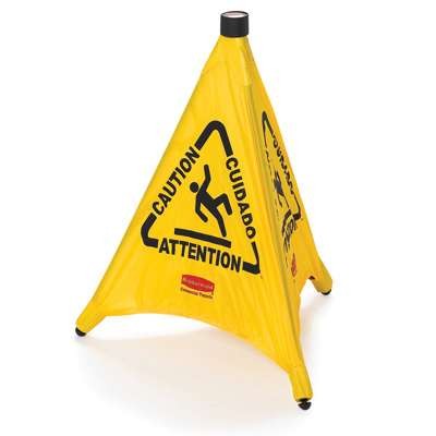 Multilingual "Caution" Pop-Up 3-Sided Fabric Safety Cone, Yellow