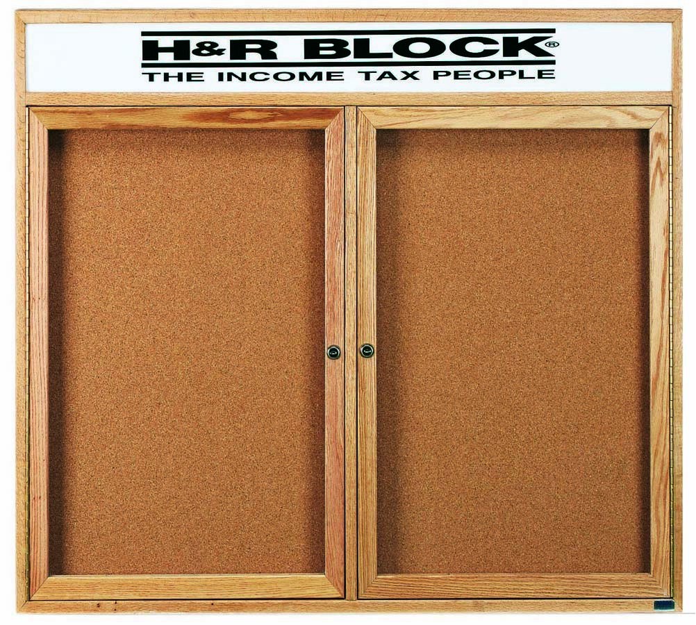 Oak Frame 2 Door Enclosed Bulletin Board Cabinet W Header 48 H